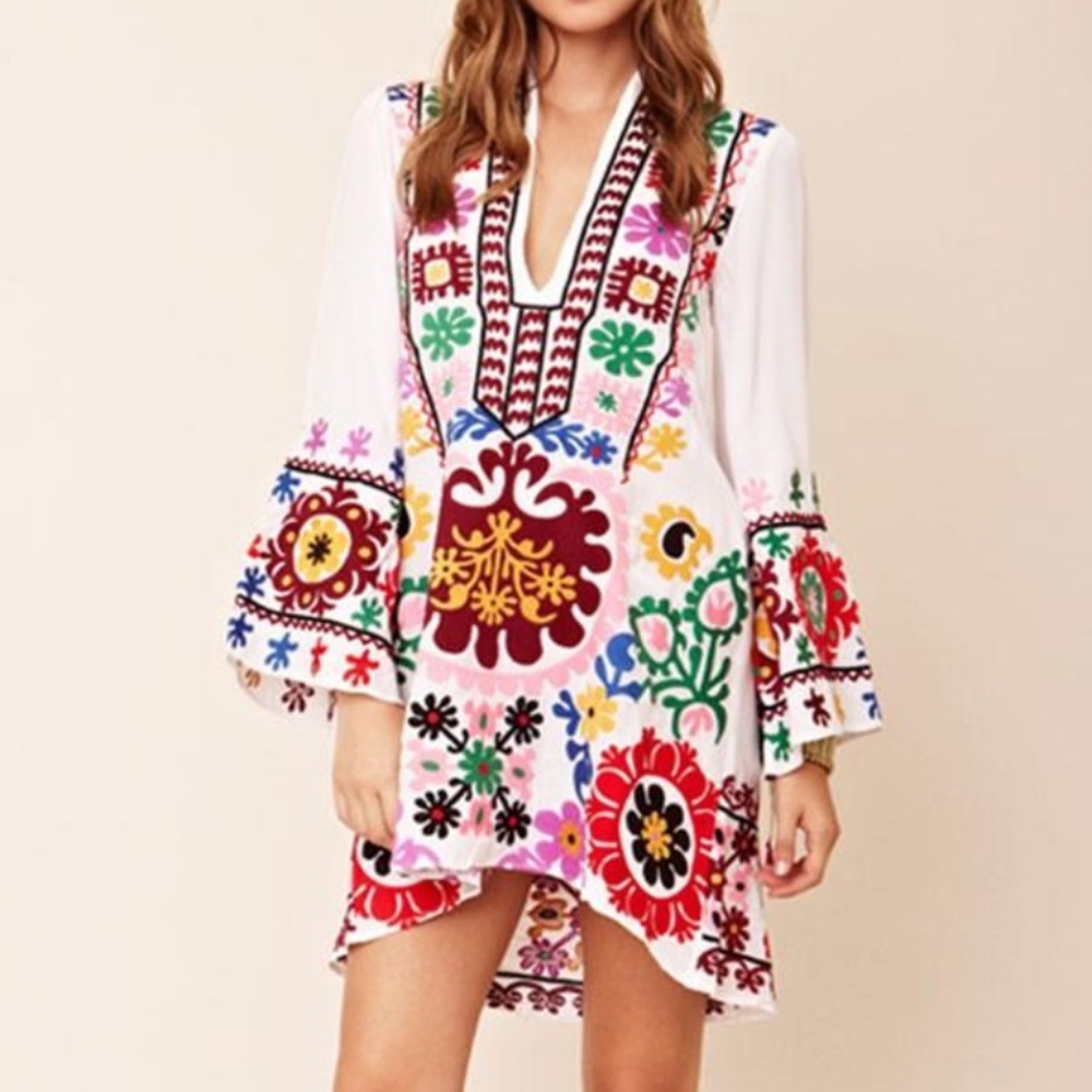 Boho Embroidered Mini Dress Handmade 100% Cotton Gypsy Sz L/XL‎ Retail $208